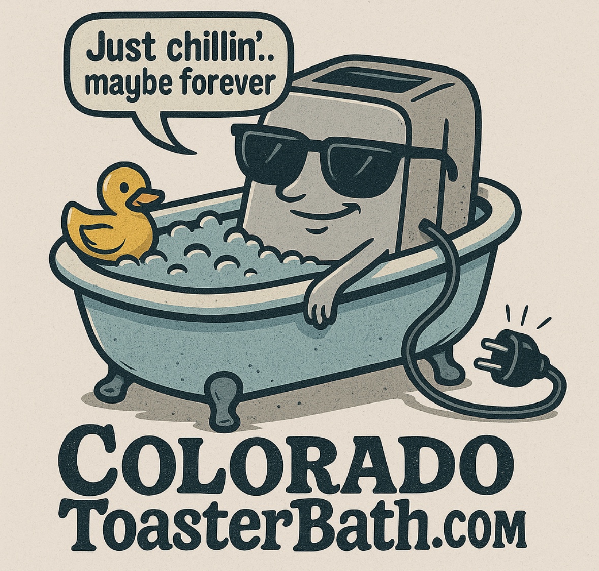 Colorado Toaster Bath mascot: a smiling toaster relaxing in a bubble bath with a rubber duck